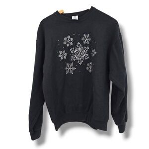 Jerzees Snowflake Sweatshirt‎ Womens Medium Black Holiday Winter Crewneck